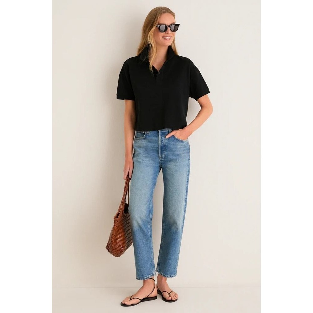 Tuckernuck Black Pique Holmes Boyfriend Polo Shirt Size Small NWT Relaxed Crop